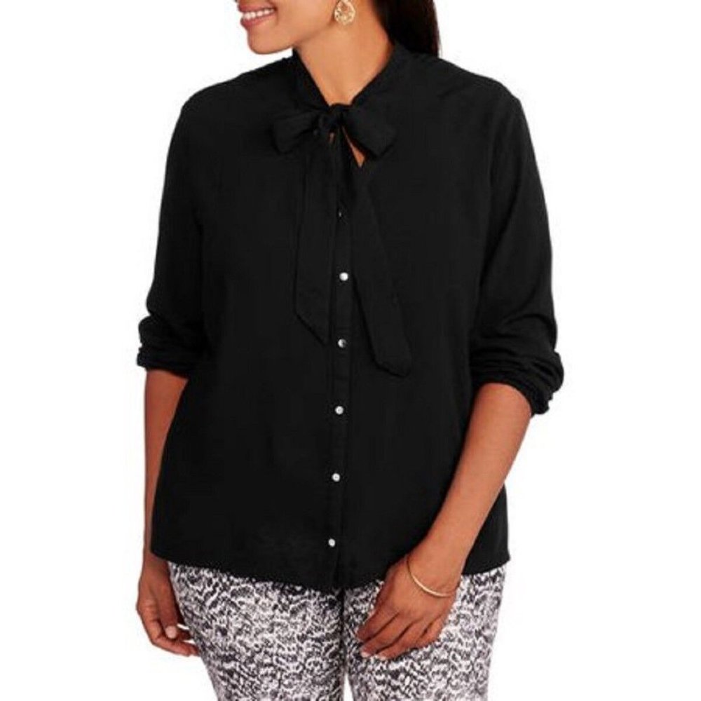 Concepts Ladies Button Down Shirt Tie-Neck Long-Sleeve Black Plus Size 1X NWT